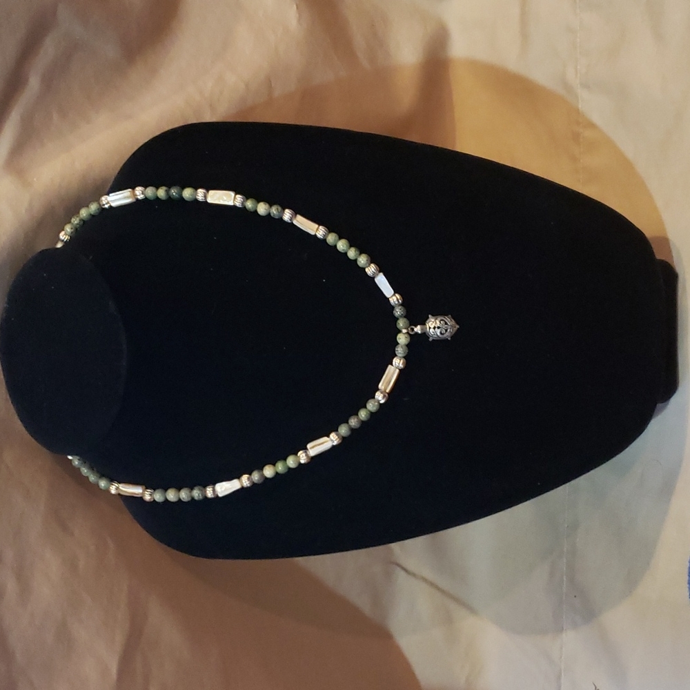Silver and Jade beaded, 20" Necklace w/silver turtle
